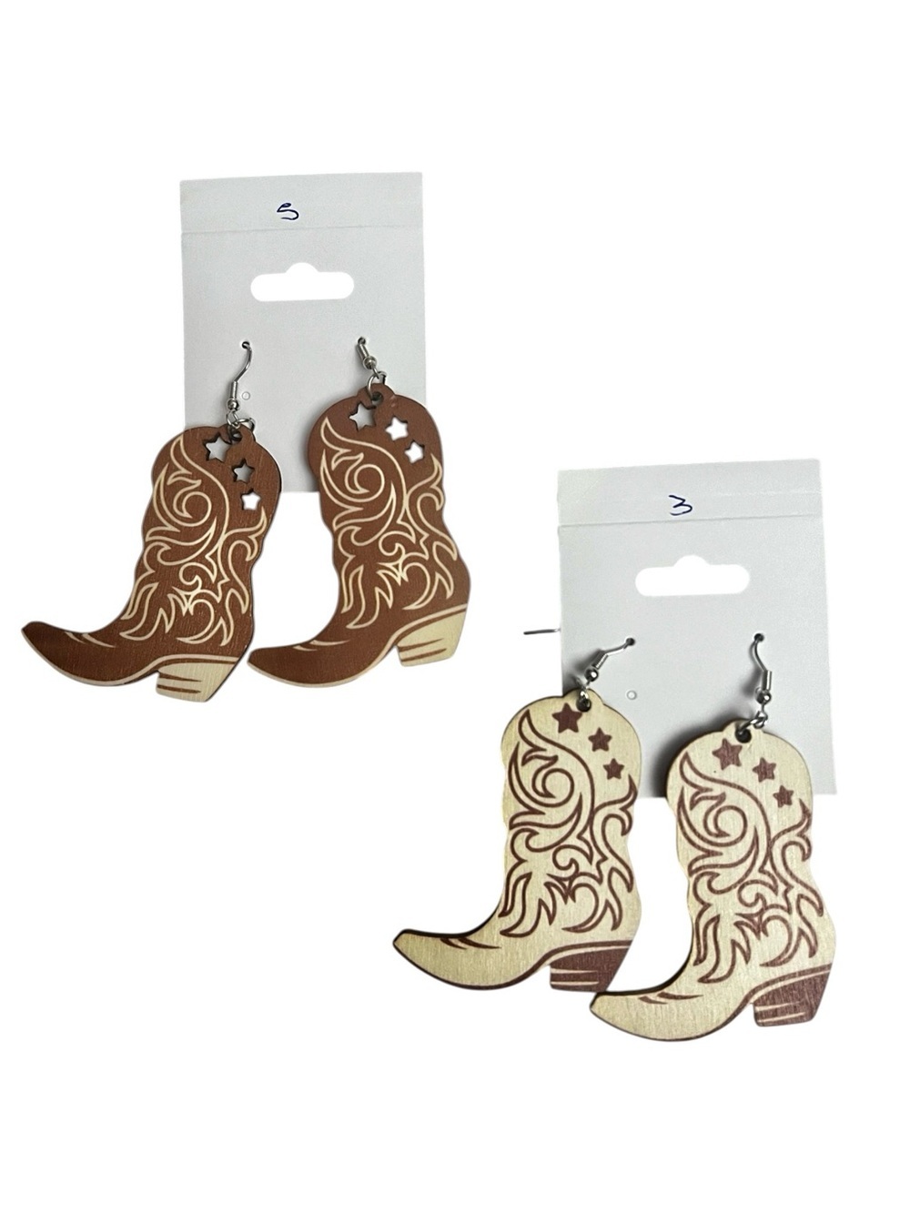 Set of 2 Wooden Laser Cut Cowboy Boots Dangling Earrings Brown & Cream Rodeo